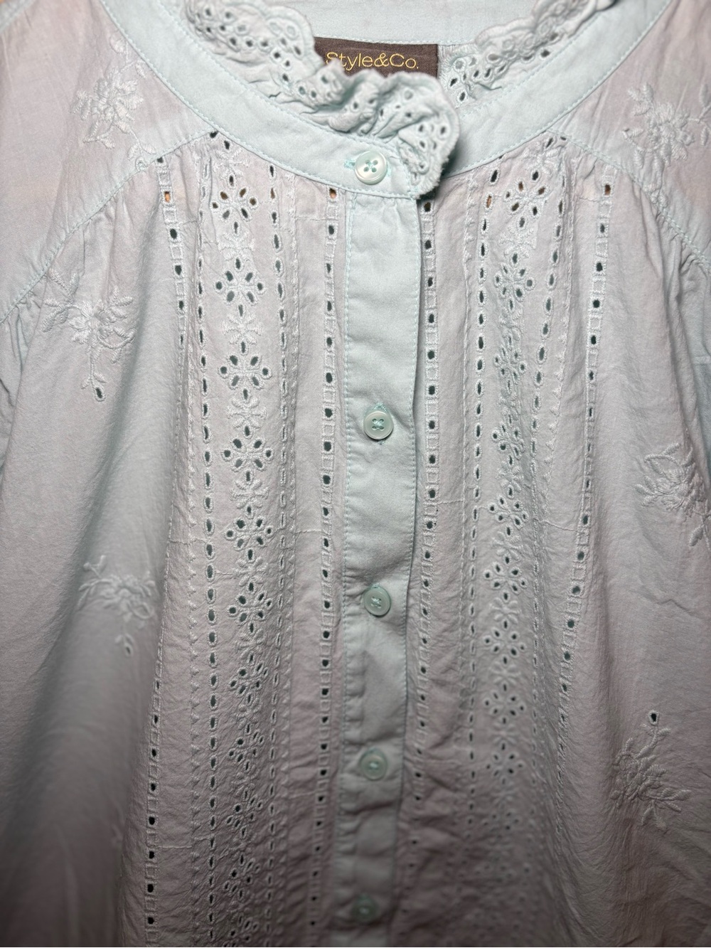 Mint Eyelet Blouse Women | Embroidered Boho Top Puff Sleeve Cottagecore - Picture 8 of 11